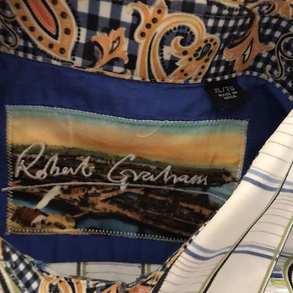 Robert Graham White Blue Check Embroidered Geometric Cotton Long Sleeve Shirt XL - Picture 9 of 9